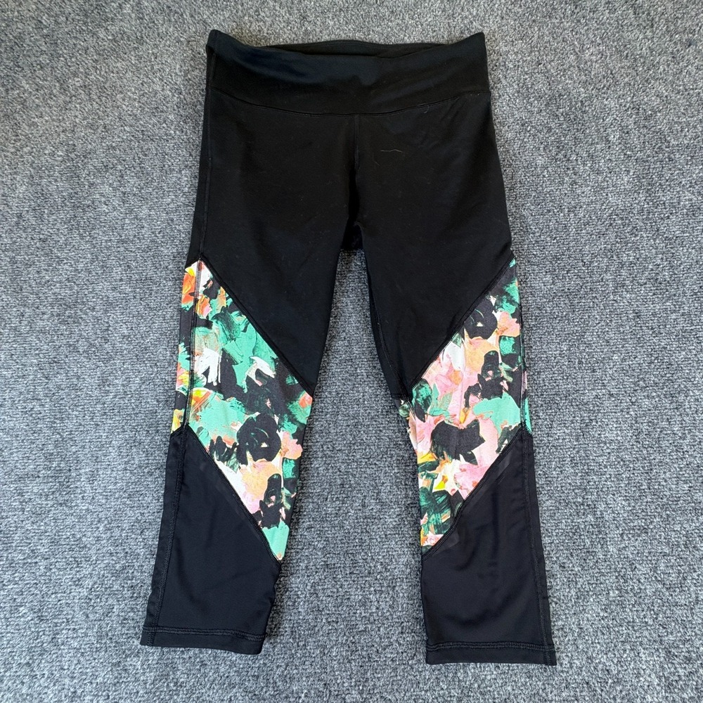 Fabletics Powerhold Capri Legging Women 29x19 Black Floral Mesh Stretch Mid Rise